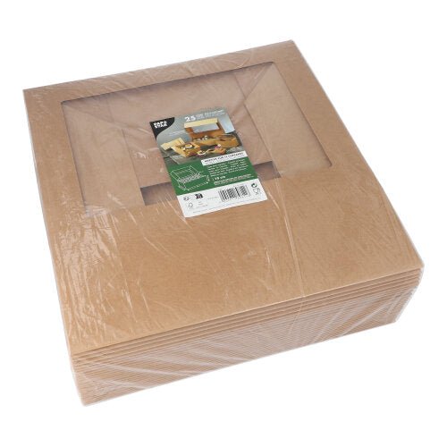 A stack of PAPSTAR 25 cupcake boxes square 10 cm with PLA viewing window from PAPSTAR GmbH is wrapped in plastic; On top is a product label with images and text.