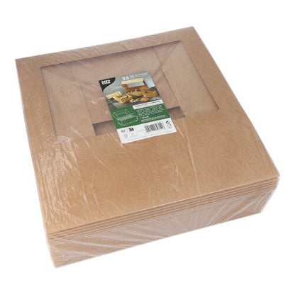 A stack of PAPSTAR 25 cupcake boxes square 10 cm with PLA viewing window from PAPSTAR GmbH is wrapped in plastic; On top is a product label with images and text.