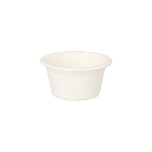 Die PAPSTAR GmbH 50 Dressingschalen aus Zuckerrohr „pure“, 60ml, Ø6cm, weiß, sind ideale Einwegschälchen für die Gastronomie und werden in Schrumpffolie geliefert (50 Stück).