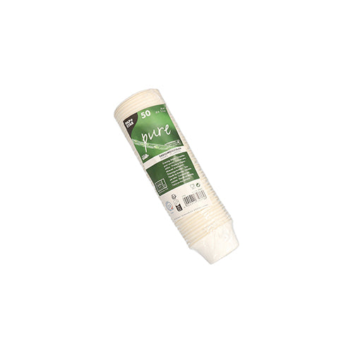 Ein fest verpackter Stapel von 50 weißen PAPSTAR Dressingschalen, 60 ml, aus Zuckerrohr (Serie „pure“), Ø 6 cm × 3 cm. Die biologisch abbaubaren und umweltfreundlichen Einwegbecher sind in Schrumpffolie verpackt. Marke: PAPSTAR GmbH.