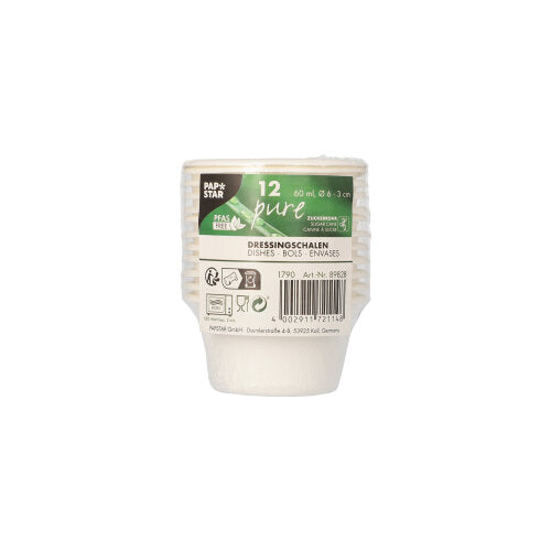Eine Packung mit 12 PAPSTAR Dressingschalen, reinweiße Schälchen (60 ml, Ø6 cm, H3 cm) aus Zuckerrohr, umweltfreundlich und biologisch abbaubar, in Schrumpffolie verpackt.