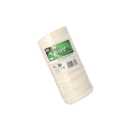 Eine Packung mit 50 weißen PAPSTAR „pure“-Deckeln für Dressingschalen aus nachhaltigem Zuckerrohr. Die Deckel sind gestapelt und in transparenter Folie mit grün-weißem Etikett verpackt. Marke: PAPSTAR GmbH.