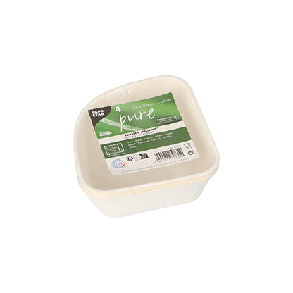 A stack of four white PAPSTAR "pure" Belle Vie, Ligne Carrée sugarcane bowls with a green-white label featuring product information and recycling symbols. The biodegradable bowls are made on a plant basis from PAPSTAR GmbH.