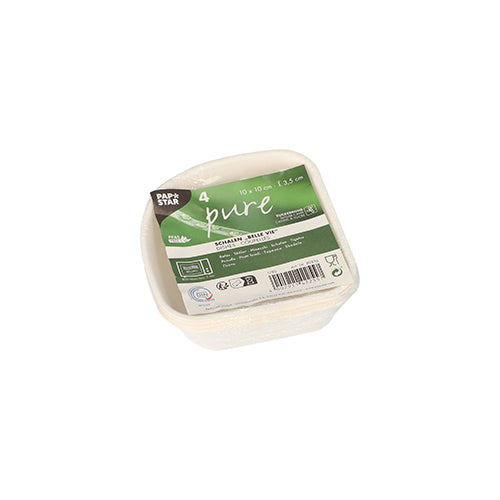 A stack of four square, white PAPSTAR 4 bowls, sugarcane "pure" white "Belle Vie, Ligne Carrée" disposable bowls by PAPSTAR GmbH with a green-white label featuring biodegradable and certification symbols.