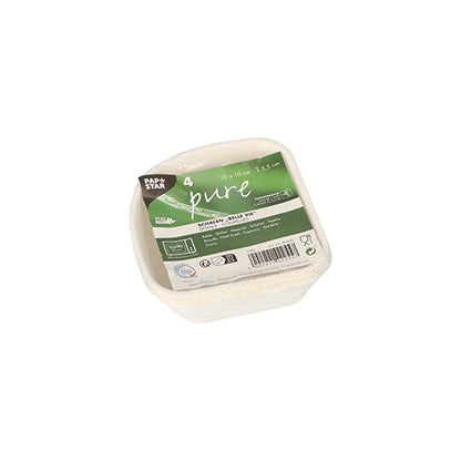 A stack of four square, white PAPSTAR 4 bowls, sugarcane "pure" white "Belle Vie, Ligne Carrée" disposable bowls by PAPSTAR GmbH with a green-white label featuring biodegradable and certification symbols.