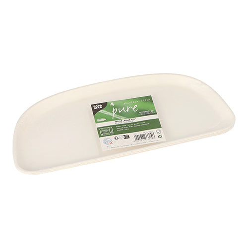A white, rectangular PAPSTAR 4 sugarcane plate "pure" Belle Vie, Ligne Carrée plate with curved edges and a green-white label with the note "eco-friendly, biodegradable" from PAPSTAR GmbH.