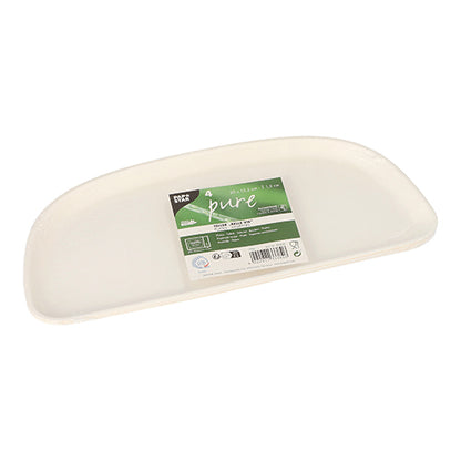 A white, rectangular PAPSTAR 4 sugarcane plate "pure" Belle Vie, Ligne Carrée plate with curved edges and a green-white label with the note "eco-friendly, biodegradable" from PAPSTAR GmbH.