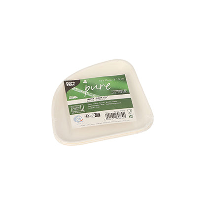 Pictured is a stack of four white, square PAPSTAR sugarcane plates "pure" Belle Vie, Ligne Carrée from PAPSTAR GmbH, with the top biodegradable plate bearing a green-white "Pure" label with product details.