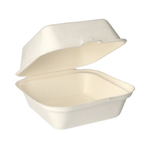 Ein PAPSTAR 25 Hamburger-Boxen Zuckerrohr „pure“ (8x14x15 cm, weiß) der PAPSTAR GmbH wird offen und leer mit angehobenem Deckel gezeigt und hebt diese nachhaltige, biologisch abbaubare Verpackungslösung vor weißem Hintergrund hervor.