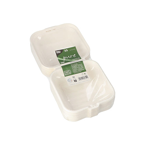Ein Stapel von 25 weißen PAPSTAR Hamburger-Boxen aus Zuckerrohr, „pure“, 8x14x15 cm, ist in transparenter Schrumpffolie verpackt und mit einem grünen Etikett versehen, das auf eine nachhaltige, umweltfreundliche Verpackung hinweist.
