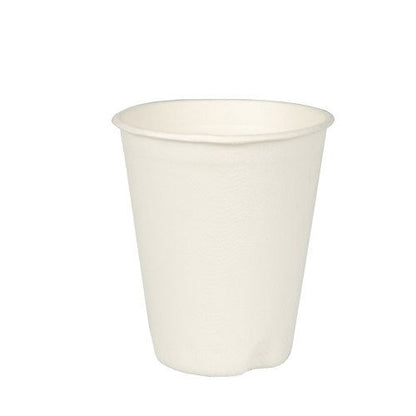 A PAPSTAR drinking cup made of sugarcane "pure", 8 cm, white, for hot beverages (40 pieces), stands upright against a white background.