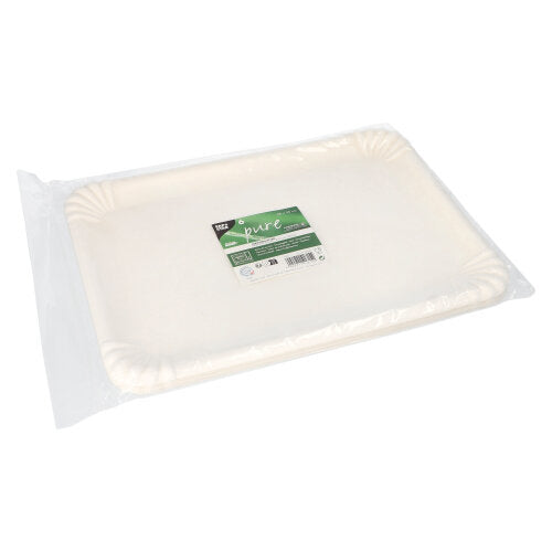 Ein rechteckiger Stapel PAPSTAR 6 Servierplatten aus Zuckerrohr „pure“, 26 x 35 cm, weiß, in Schrumpffolie mit grün-weißem Etikett – umweltfreundliche Platten von PAPSTAR GmbH für nachhaltiges Servieren.