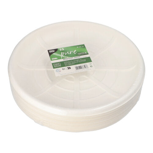 Ein Stapel PAPSTAR 25 Servierplatten aus Zuckerrohr „pure“, rund, in weiß, von PAPSTAR GmbH – biologisch abbaubare Einwegplatten, verpackt in Folie mit grün-weißem Etikett, ideal für umweltbewusste Veranstaltungen.