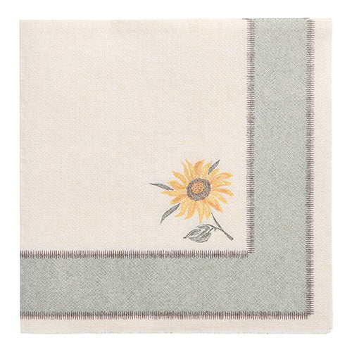 Die PAPSTAR 50 Servietten "ROYAL Collection" 1/4-Falz 40x40 cm der PAPSTAR GmbH ist eine cremefarbene Serviette mit breiter hellgrüner Bordüre und aufgestickter Sonnenblume - eine elegante Note für jeden gedeckten Tisch.