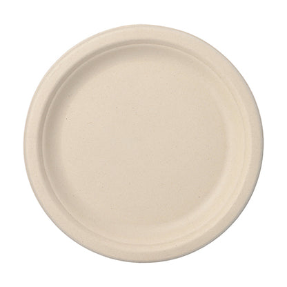 The PAPSTAR 50 sugarcane "pure" plates from PAPSTAR GmbH is a simple, round beige plate with a slightly raised edge, shown from above on a white background.