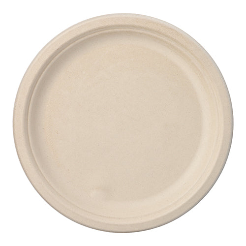 Ein schlichter, runder PAPSTAR 50 Teller Zuckerrohr "pure" der PAPSTAR GmbH, hergestellt aus kompostierbarem Material. Er ist beige mit leicht erhöhtem Rand, undekoriert und von oben auf weißem Grund abgebildet.