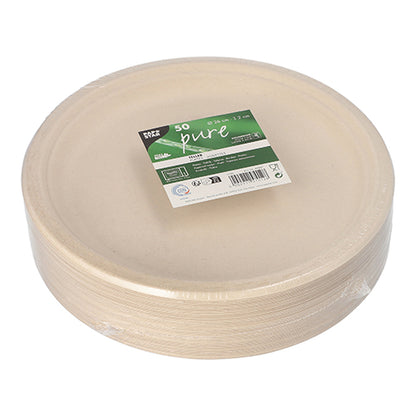 A stack of round, beige PAPSTAR 50 sugarcane "pure" plates, wrapped in plastic with a green-white PAPSTAR label indicating 50 eco-friendly disposable plates.