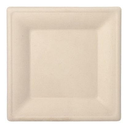 The PAPSTAR 50 plates, sugarcane "pure" from PAPSTAR GmbH is a simple square, compostable disposable plate in beige with raised edges - ideal for sustainable demands and environmentally conscious serving.