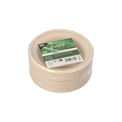 A stack of round PAPSTAR sugarcane bowls "pure", Ø 15.5 cm, natural, 380 ml (50 pieces) from PAPSTAR GmbH, biodegradable and packed in shrink wrap. The green-white top label shows details, logos, and barcode.