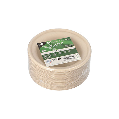 Abgebildet ist ein Stapel PAPSTAR 50 Zuckerrohr „pure“ Schalen (380 ml, Ø 15,5 cm, natur) der PAPSTAR GmbH mit grün-weißem Etikett. Die biologisch abbaubaren Schalen sind ideal für nachhaltige Veranstaltungen.