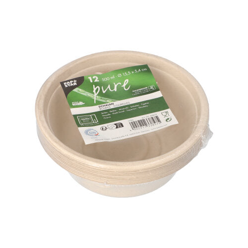 Eine Packung mit 12 PAPSTAR Zuckerrohr-Schalen „pure“ (500 ml, 15,5 x 5,4 cm), biologisch abbaubar und umweltfreundlich, ideal für nachhaltiges Leben; von PAPSTAR GmbH.