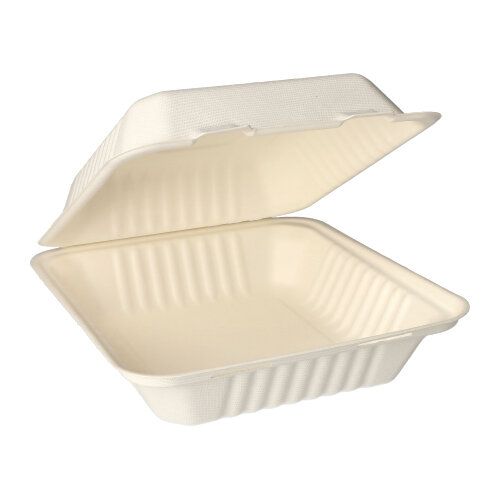 Die PAPSTAR 25 Menüboxen, Zuckerrohr „pure“ weiss von der PAPSTAR GmbH sind eine biologisch abbaubare, weiße rechteckige Cateringbox mit gerippten Kanten für mehr Stabilität – perfekt für den Bedarf an umweltfreundlichen Menüboxen.