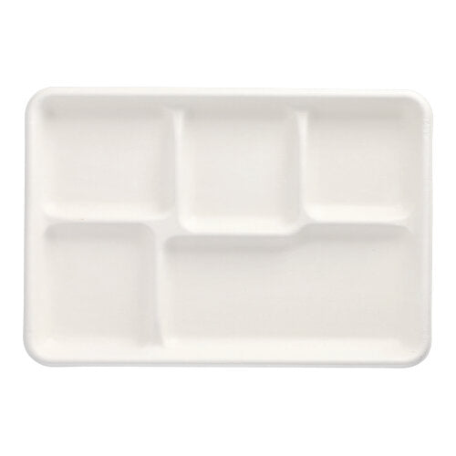 Die PAPSTAR GmbH 25 Menü-Tabletts aus Zuckerrohr „pure“, 5-geteilt, weiß, sind biologisch abbaubar und ideal für umweltbewusstes Servieren in Kantinen und Großküchen.