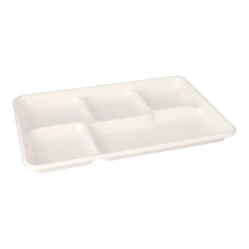 Die 25 Menü-Trays, Zuckerrohr "pure" 5-geteilt weiss der PAPSTAR GmbH sind weiße, rechteckige, biologisch abbaubare Tabletts mit fünf Fächern – eine umweltfreundliche Wahl für den Essensservice in Cafeterias oder ähnlichen Einrichtungen.