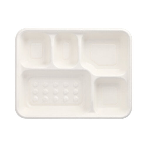 Die PAPSTAR 25 Menü-Trays, Zuckerrohr „pure“ 5-geteilt weiss von der PAPSTAR GmbH sind weiße, rechteckige, biologisch abbaubare Tabletts mit fünf Fächern – perfekt als umweltfreundliche Verpackung für Mahlzeiten.