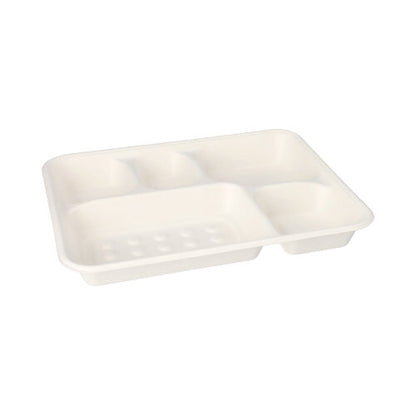 The PAPSTAR 25 menu trays, sugarcane "pure" 5-compartment white from PAPSTAR GmbH are white, rectangular, eco-friendly trays with five compartments - ideal for sustainable catering in schools or cafeterias.