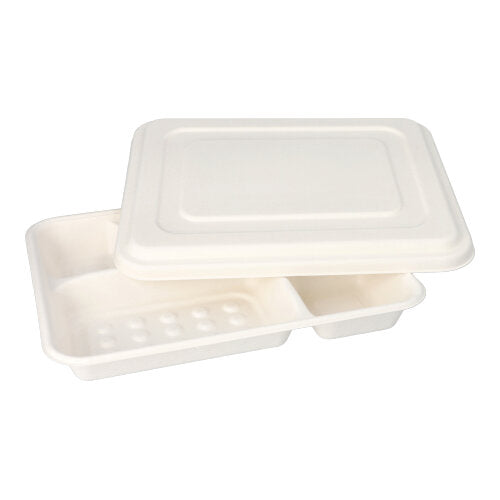 Die PAPSTAR 25 Menü-Tabletts, Zuckerrohr „pure“ 5-geteilt weiss von der PAPSTAR GmbH sind weiße, 5-teilige, biologisch abbaubare Tabletts mit passenden Deckeln – eine umweltfreundliche Verpackung für verschiedene Speisen.