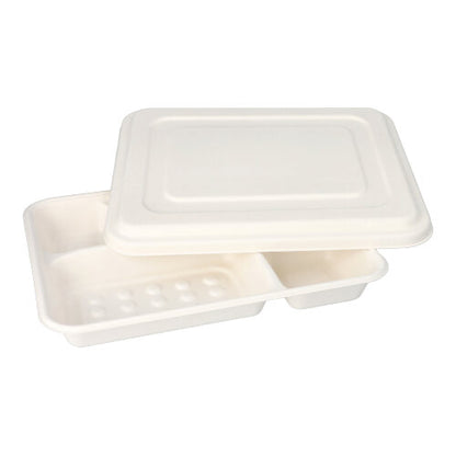 The PAPSTAR 25 menu trays, sugarcane "pure" 5-compartment white from PAPSTAR GmbH are white, 5-compartment, biodegradable trays with matching lids - an eco-friendly packaging for various dishes.