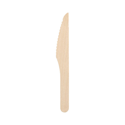 A PAPSTAR wooden knife "pure" (16.5 cm, environmentally friendly and stable, 250 pieces, PAPSTAR GmbH) is depicted vertically with the blade upwards against a plain white background.