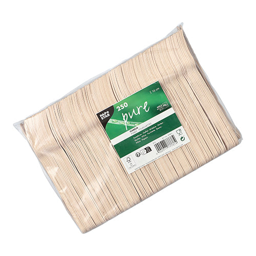 In einem durchsichtigen Plastikbeutel befinden sich 250 PAPSTAR pure Holzgabeln mit 16 cm Durchmesser, mit einem grün-weißen PURE-Etikett, auf dem die Marke der PAPSTAR GmbH, die Menge und Recyclinginformationen zu sehen sind.