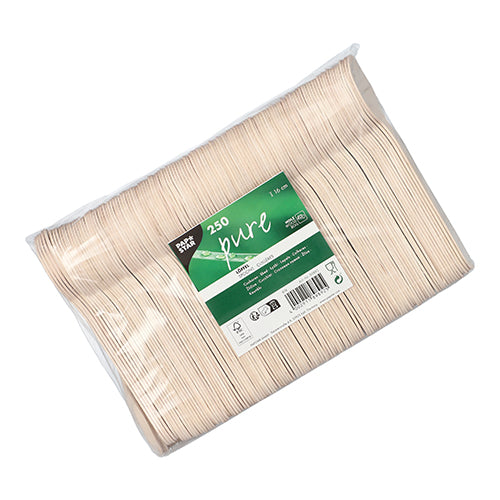 Eine durchsichtige Kunststoffverpackung der PAPSTAR GmbH 250 Löffel Holz „pure“ 16 cm (250 Stück), mit einem grün-weißen Etikett mit Produktdetails, Barcodes und der Betonung umweltfreundlicher, nachhaltiger Materialien.