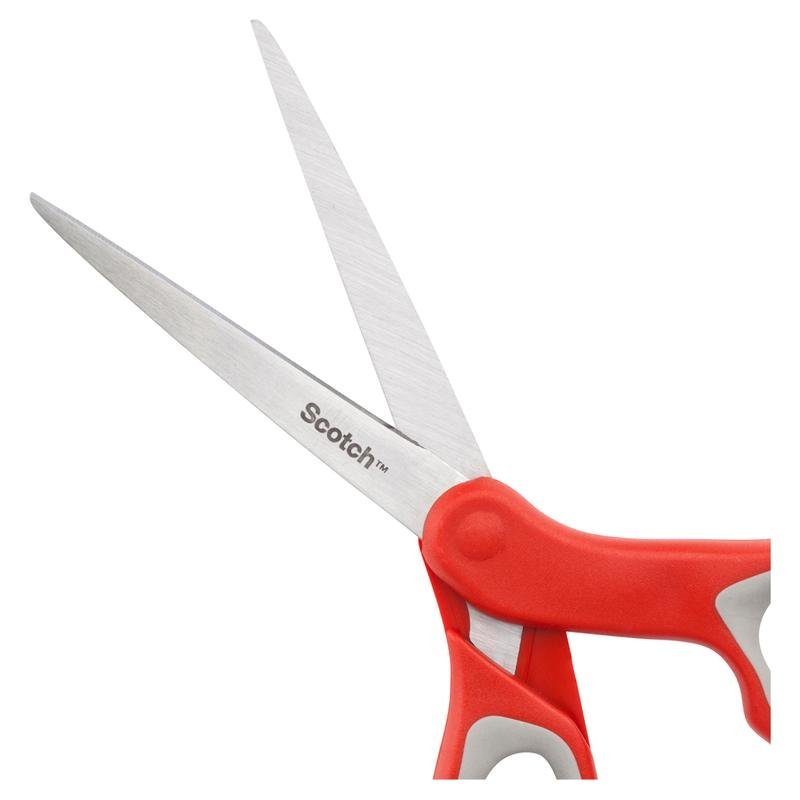 Close-up of an open Scotch™ Comfort Scissors by 3M Deutschland GmbH with red and gray handles and partially separated blades, shown against a white background.