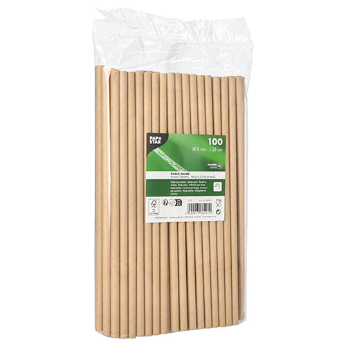 Eine durchsichtige Kunststoffverpackung enthält 100 PAPSTAR GmbH Shake-Strohhalme aus braunem Papier (Ø 8 mm) mit einem grün-weißen Etikett, auf dem die Marke, die Menge und die Größe angegeben sind.