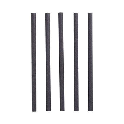Five black cylindrical PAPSTAR 100 shake straws paper Ø 10 mm · 21 cm from PAPSTAR GmbH stand upright in a row against a white background - ideal for environmentally conscious hosts.