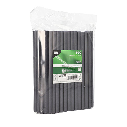 A transparent plastic package with 100 black shake drinking straws made of paper from PAPSTAR GmbH (Ø 10 mm, 21 cm), labeled with product details and recycling information - perfect for environmentally conscious hosts.