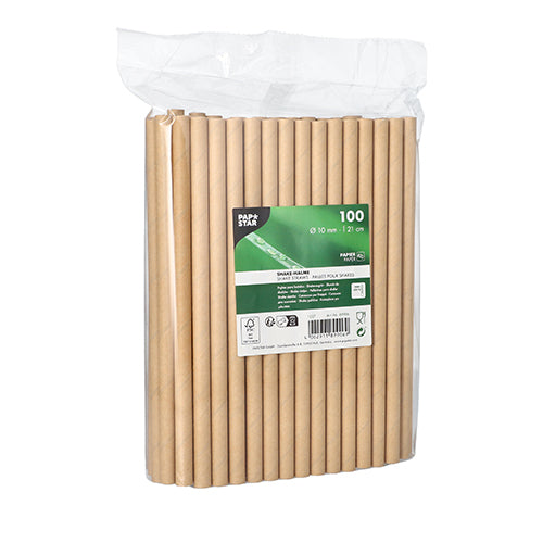 A transparent plastic package with 100 shake straws from PAPSTAR GmbH (paper, brown, 21 cm x 10 mm), labeled in English with green and white symbols for recycling and compostability. Ideal for environmentally conscious hosts.
