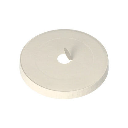 A pack of 50 round white Starpak lids for cardboard drinking cups with a diameter of 9 cm, from above on a white background. Brand: Starpak.