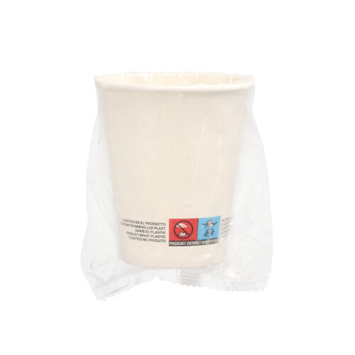 Ein Set mit 25 weißen Starpak Trinkbechern aus Pappe (0,2 l, Ø 8 cm, 9,2 cm), jeder einzeln in durchsichtigem Kunststoff mit sichtbaren Warnhinweisen verpackt – eine umweltfreundliche Alternative zu Einwegbechern.