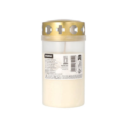 The Starpak grave light with gold lid Ø 6.4 cm · 12.5 cm with cover is a white grave candle in a translucent container with cross-shaped cutouts in the golden lid, labeled with product information - ideal for use in the cemetery.