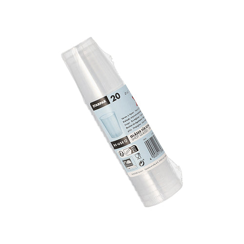Eine Packung mit 20 Starpak unzerbrechlich Mehrweg-Schnapsgläsern (PP, 4 cl, Ø4,3x5,2 cm) in transparenter Folie mit Etikett inklusive Produktinformationen und Recyclingsymbolen.