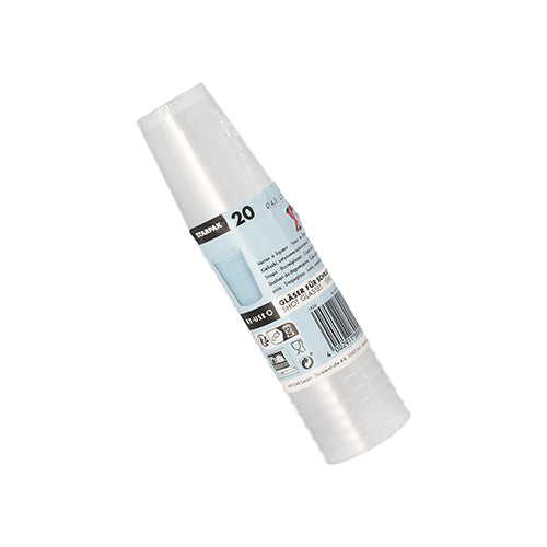 Ein gerollter Stapel von 20 klaren, satinierten Starpak Mehrweg-Gläsern für Schnaps (4 cl, Ø 4,3 x 5,2 cm) wird in Plastikfolie mit blau-weißem Etikett und Barcode geliefert. Unzerbrechlich und ideal für Partys oder Zusammenkünfte.