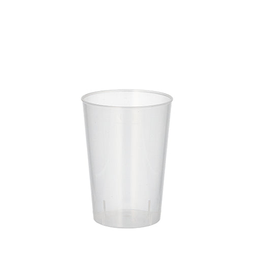 A clear Starpak 20 reusable drinking cup PP 0.1 l (translucent, unbreakable) stands upright on a plain white background, emphasizing its reusable design.