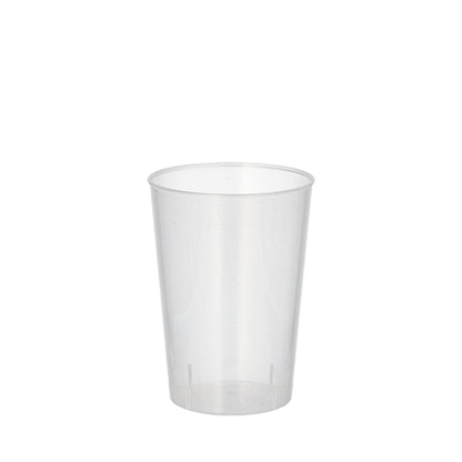 A clear Starpak 20 reusable drinking cup PP 0.1 l (translucent, unbreakable) stands upright on a plain white background, emphasizing its reusable design.
