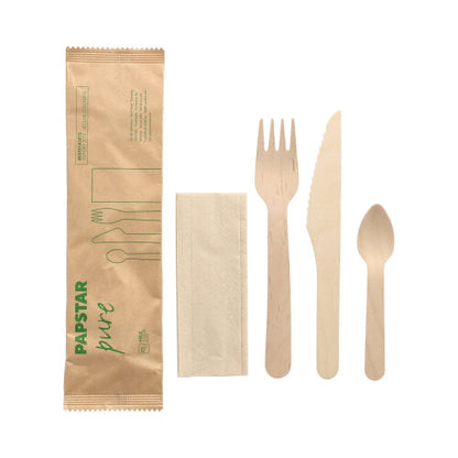 The PAPSTAR 50 cutlery sets wood "pure" from PAPSTAR GmbH contain fork, knife, spoon, and a napkin in the paper bag – biodegradable and sustainable for your table.