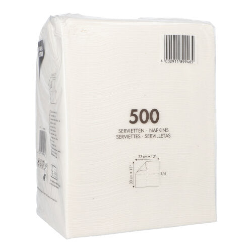 Eine versiegelte Verpackung der PAPSTAR GmbH mit 500 weißen, 1-lagigen Servietten (33x33 cm, 1/4-Falz) eignet sich ideal für Veranstaltungen. Auf der Vorderseite sind „500“, „servietten“ in verschiedenen Sprachen, ein Barcode und die Serviettengröße abgebildet.