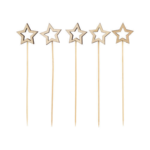 Fünf PAPSTAR 100 Fingerfood Picker Zahnstocher der PAPSTAR GmbH, jeder mit einem hohlen, ausgeschnittenen Stern auf der Oberseite, sind in einer Reihe vor weißem Hintergrund angeordnet.